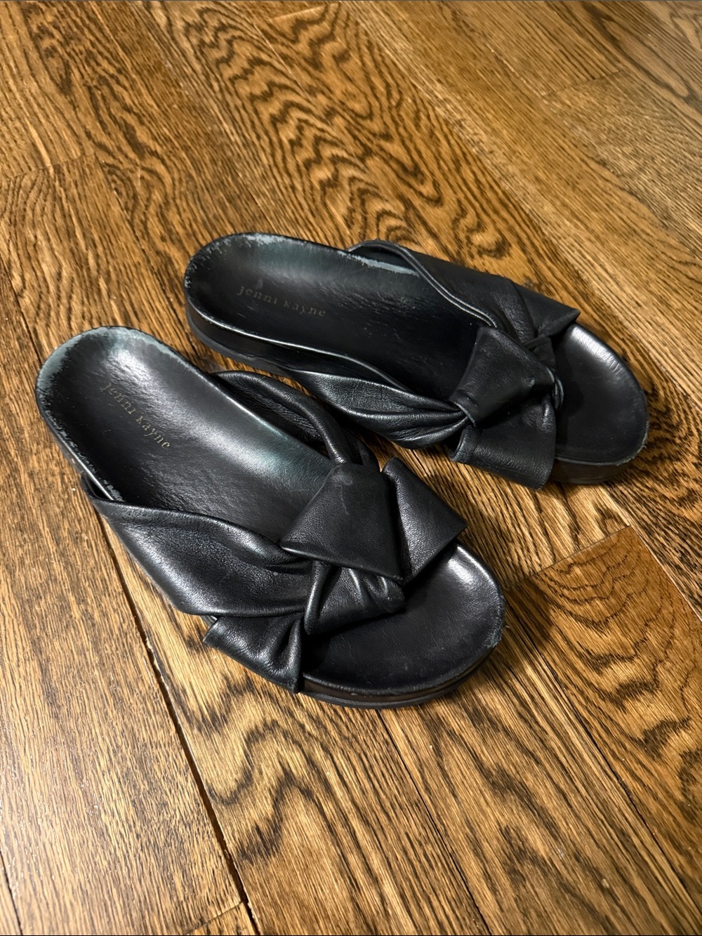 Jenni Kayne Black Leather Knot Flat Mule Slip On Sandals Size 41